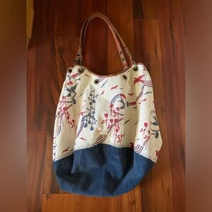 Lucky Brand Vintage Red White and Blue Large Canvas Suede Tote bag